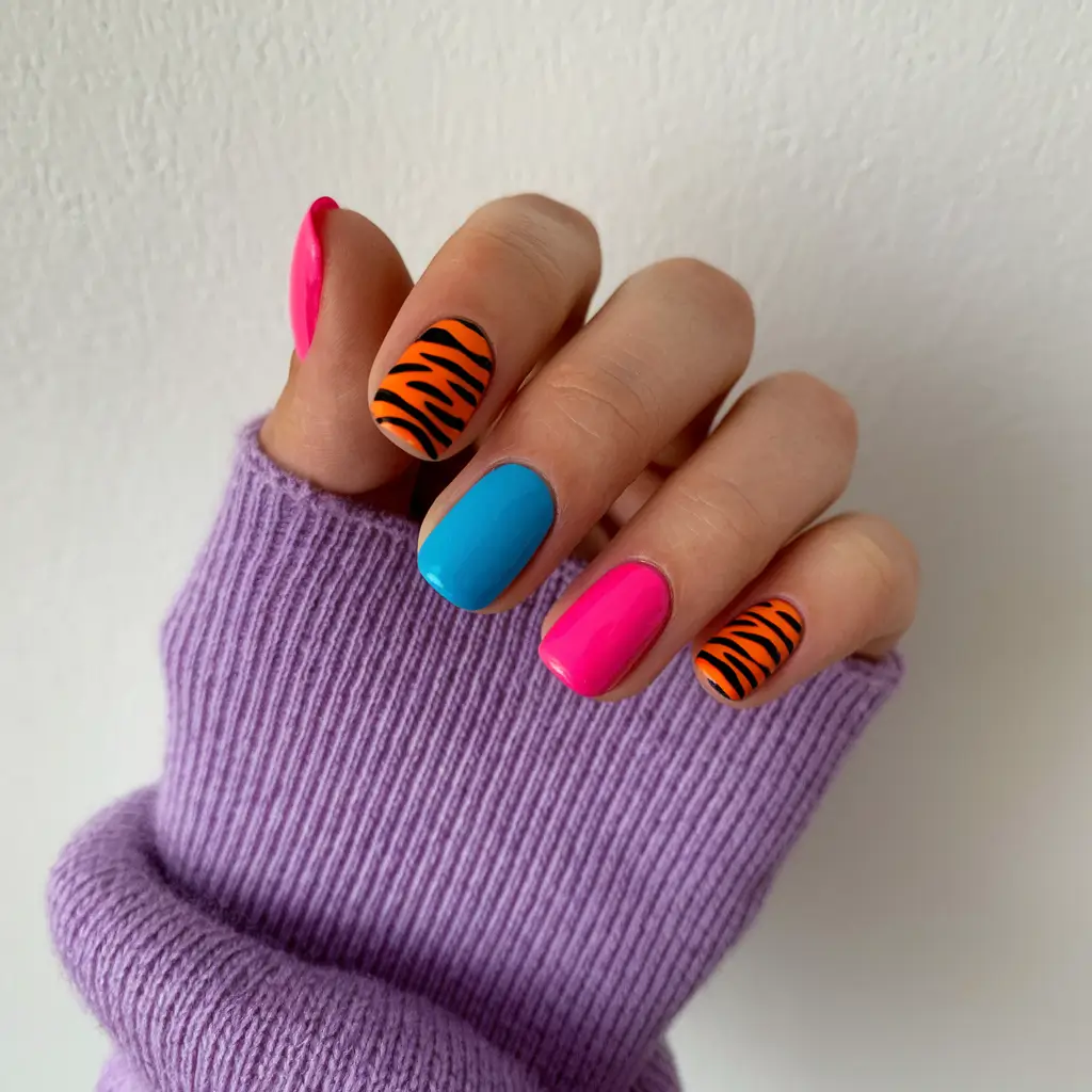 summer nail design ideas 2025 Playful Pop with Zebra Stripes and Neon Clash