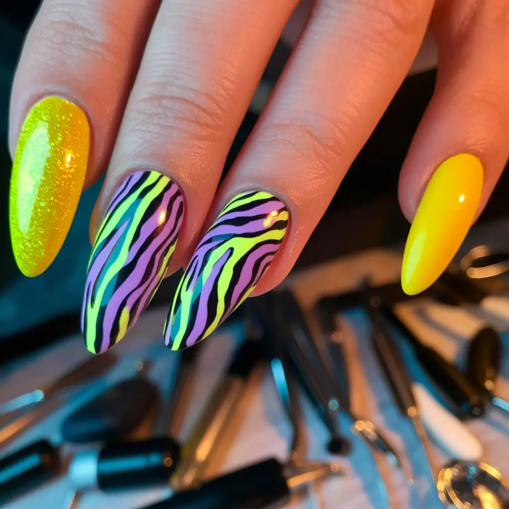 summer nail design ideas 2025 Zebra Stripe Party in Neon Clash