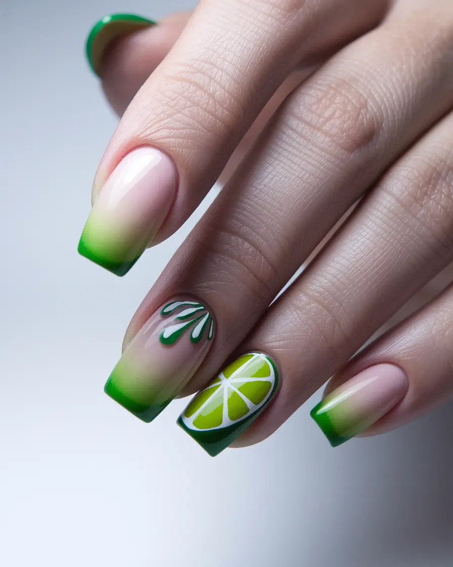 summer nail design ideas 2025 Fresh Lime Gradient with French Vibes