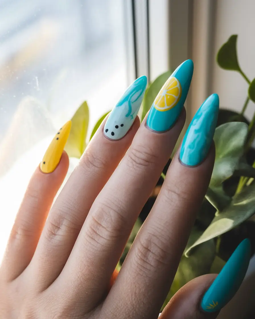 summer nail design ideas 2025 Lemon Splash & Ocean Drip Vibes