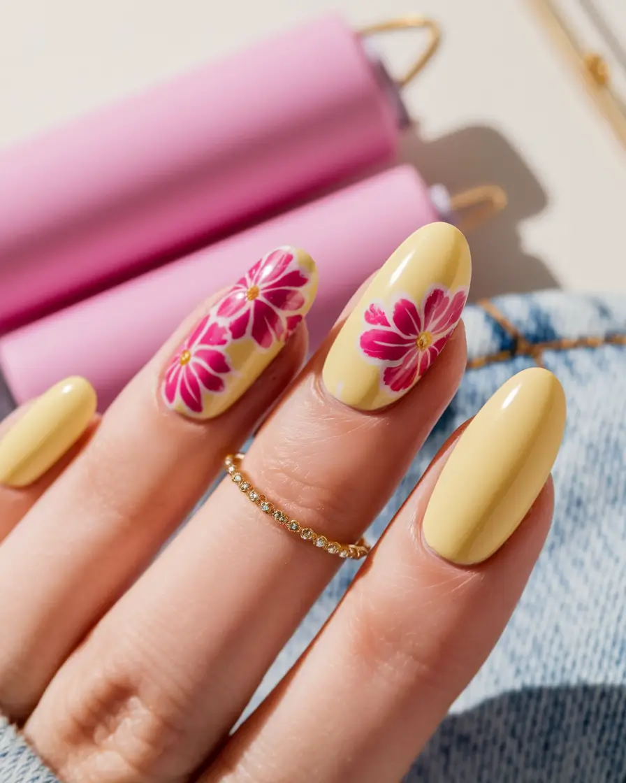 summer nail design ideas 2025 Floral Pop on Sunny Yellow