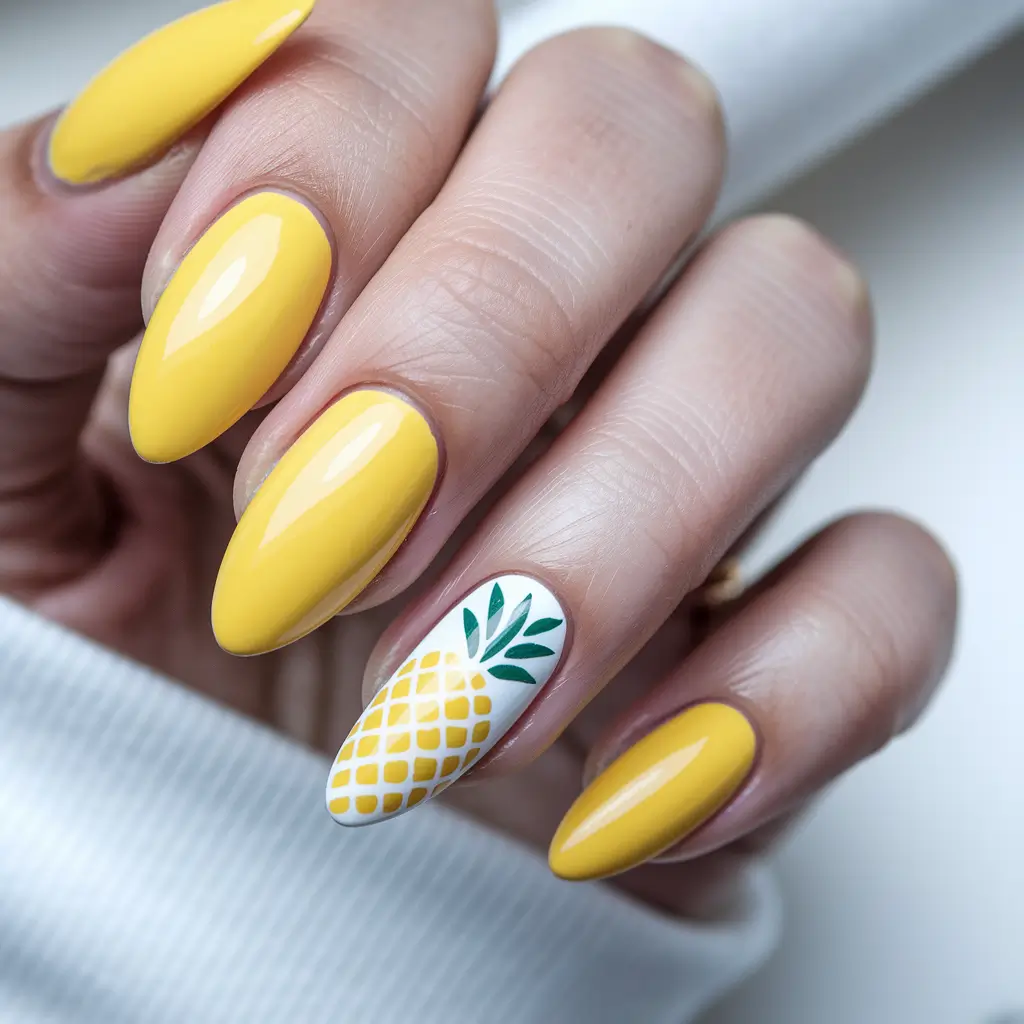 summer nail design ideas 2025 Pineapple Punch with a Glossy Finish