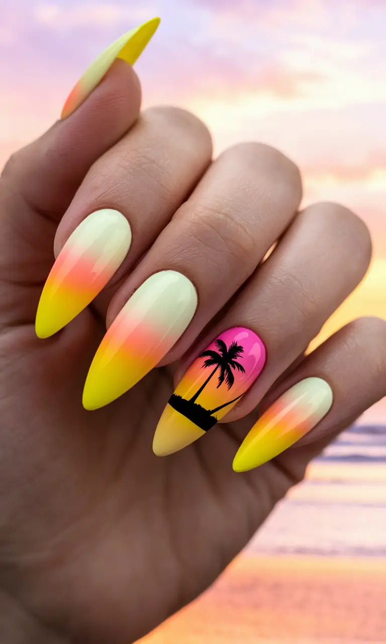 summer nail design ideas 2025 Sunset Ombré and Island Palms