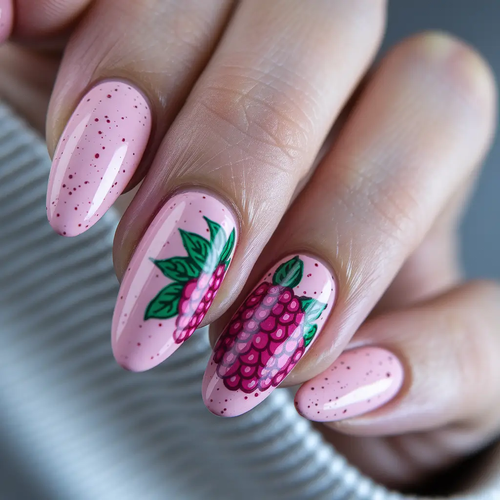summer nail design ideas 2025 Berry Cute Summer Fruits on a Pink Canvas