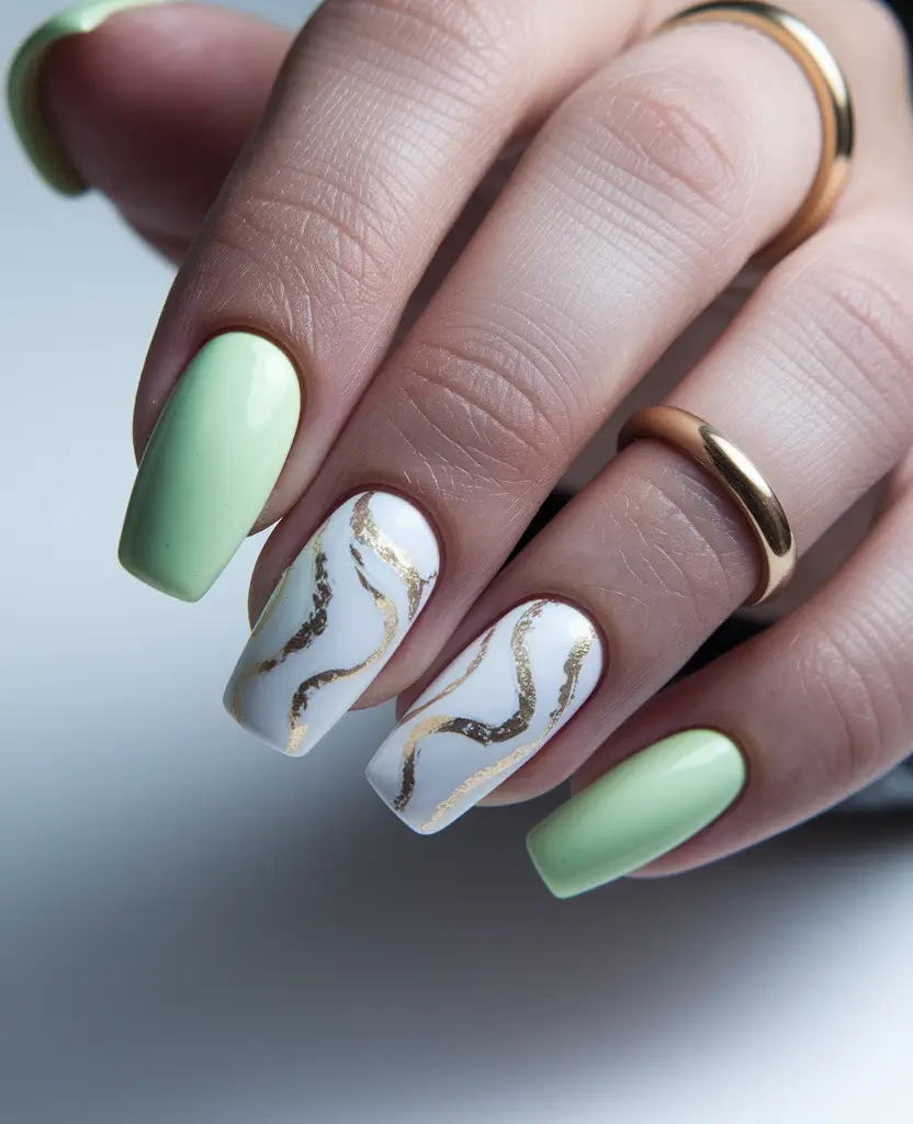 summer nail design ideas 2025 Mint Marble with Elegant Gold Ribbons