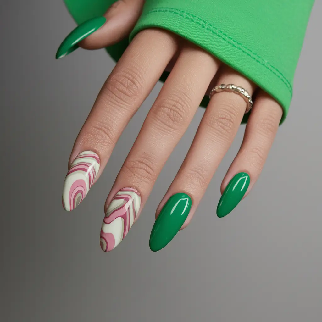 summer nail design ideas 2025 Retro Green Swirls with Almond Elegance