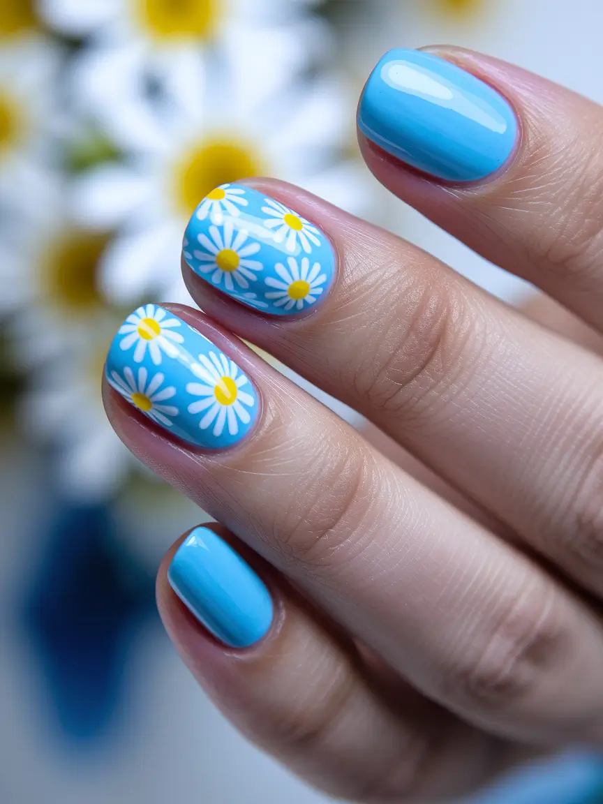 summer nail design ideas 2025 Sky Blue Daisies for the Flower Child