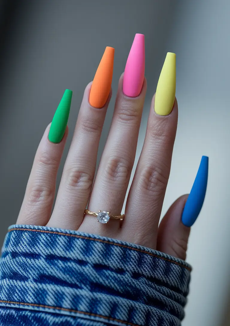 summer nail ideas 2025 sunset rainbow vibes in matte