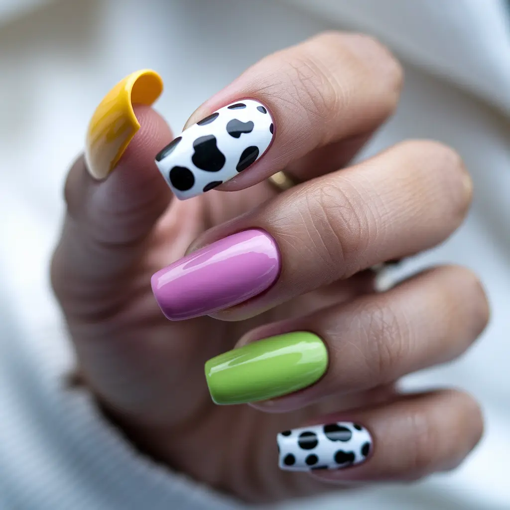summer nail ideas 2025 cow print meets candy pop