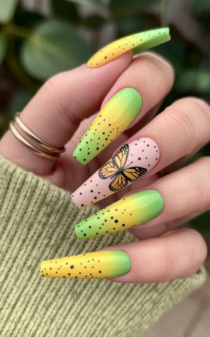 summer nail ideas 2025 butterfly garden fade