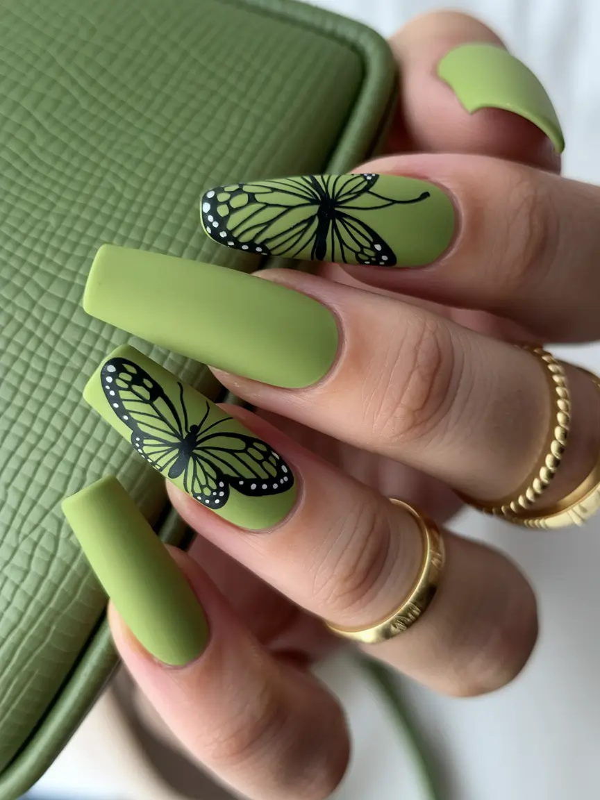 summer nail ideas 2025 matte green with monarch magic