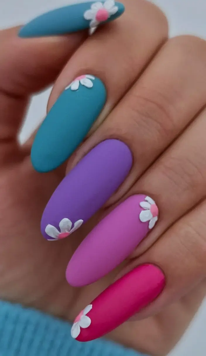 summer nail ideas 2025 matte rainbow with 3d daisies
