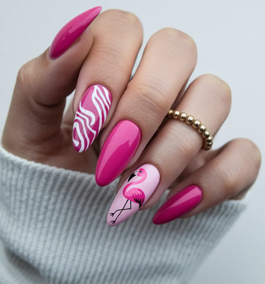 summer nail ideas 2025 flamingo fantasy meets zebra chic