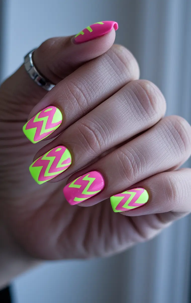 summer nail ideas 2025 neon chevron power