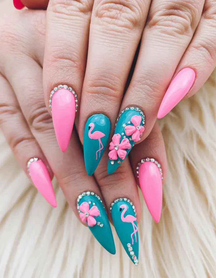 summer nail ideas 2025 flamingo pool party with 3D flowers
