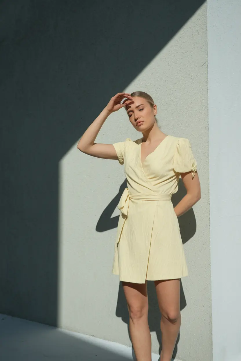 old money outfits ideas for girl summer Yellow Wrap Dress with Puff Sleeves