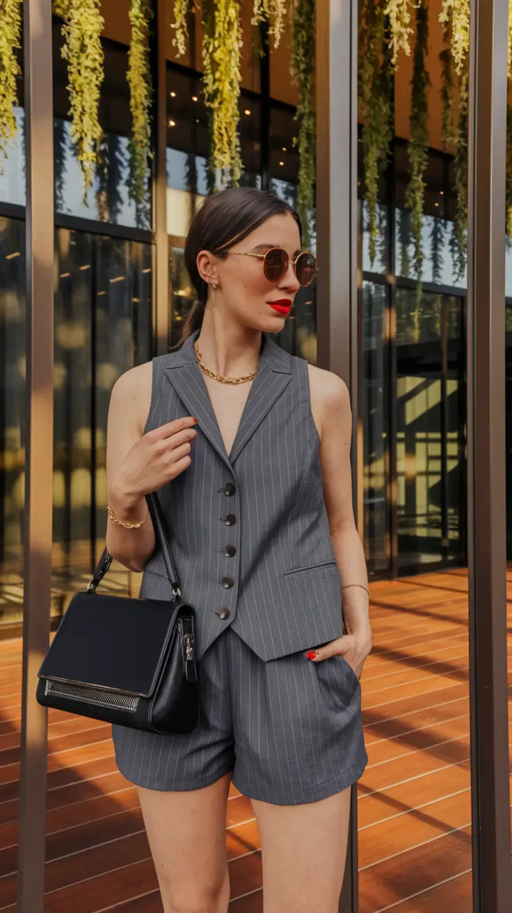 summer old money outfits ideas Pinstripe Suit Vest with Tailored Shorts