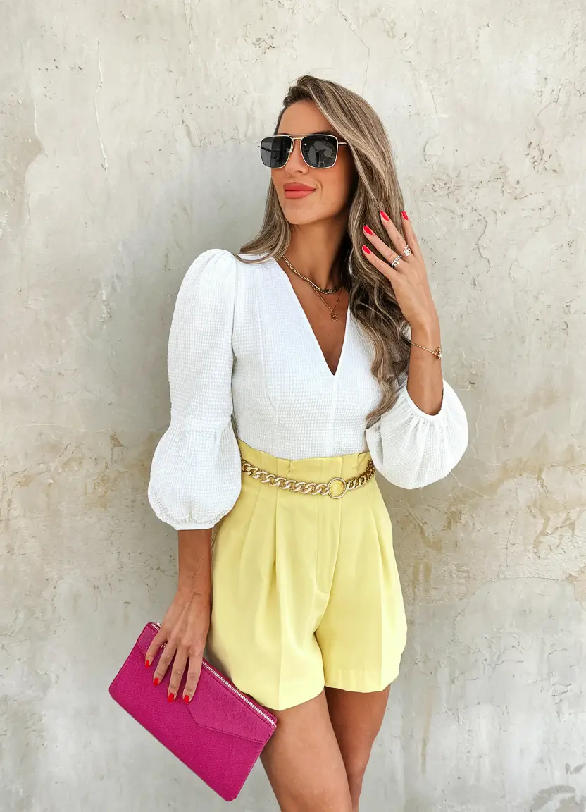 old money outfits ideas for women summer Lemon Shorts with Gold Chain and Sculptural Volume