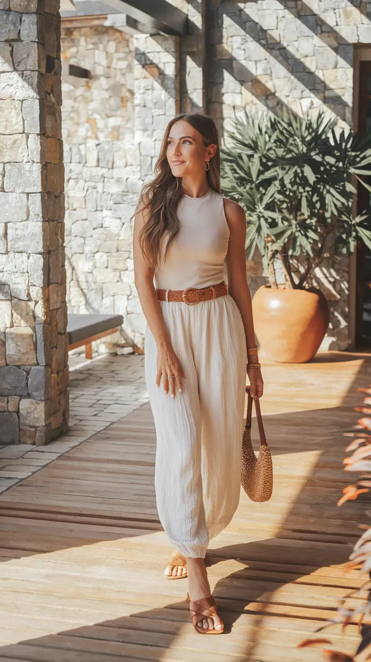 summer old money outfits beach Soft Knit Tank and Billowing Textured Trousers