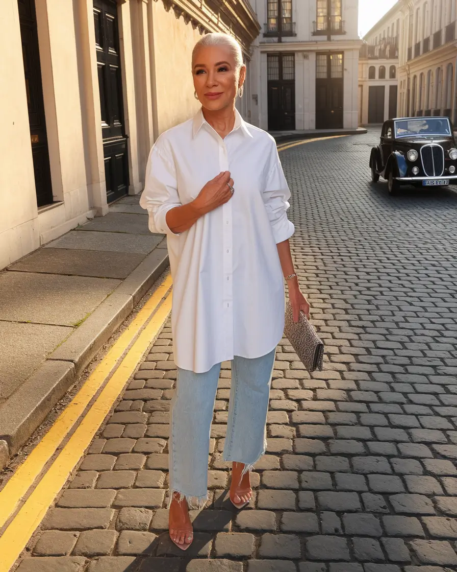 summer outfit women over 50 Effortless City Chic in a Long White Shirt