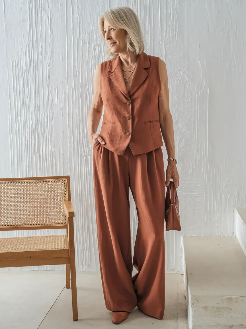 summer outfit women over 50 Rust Linen Suit Set with Undeniable Ease