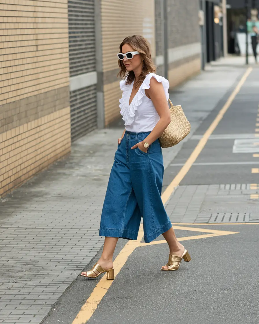 summer outfit women over 50 Ruffled White Top and Denim Culottes with a Twist
