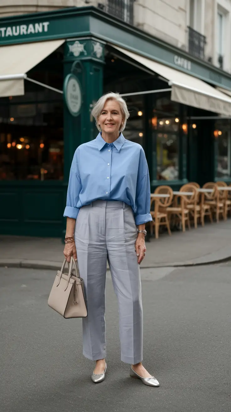 summer outfit women over 50 Powder Blue Button-Down with Soft Tailored Trousers