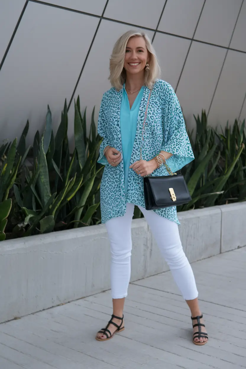 summer outfit women over 50 Blue Kimono and White Skinny Jeans for a Bold Pop