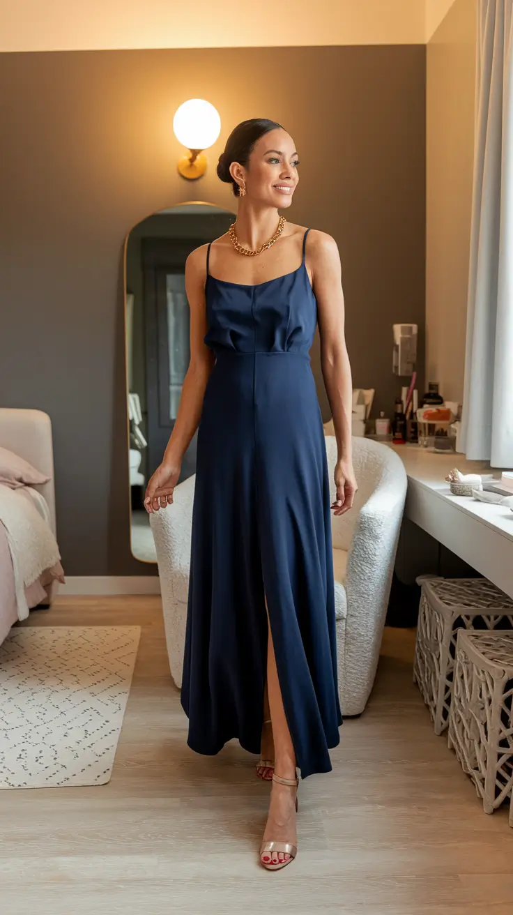 summer outfit women over 50 Navy Slip Dress for Elegant Evenings