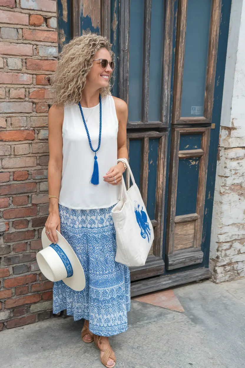 summer outfit women over 50 Bohemian Blue and White for a Relaxed Coastal Vibe