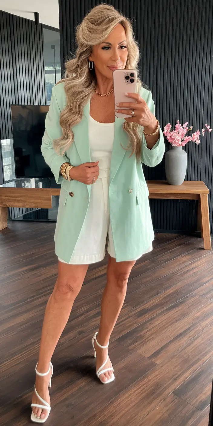 summer outfit women over 50 Mint Blazer and White Set: Summer Glamour Made Easy