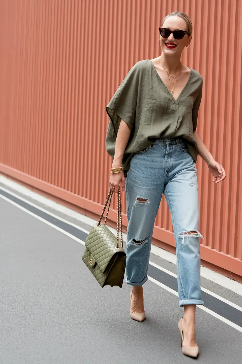 summer outfit women over 50 Olive Draped Top and Distressed Denim
