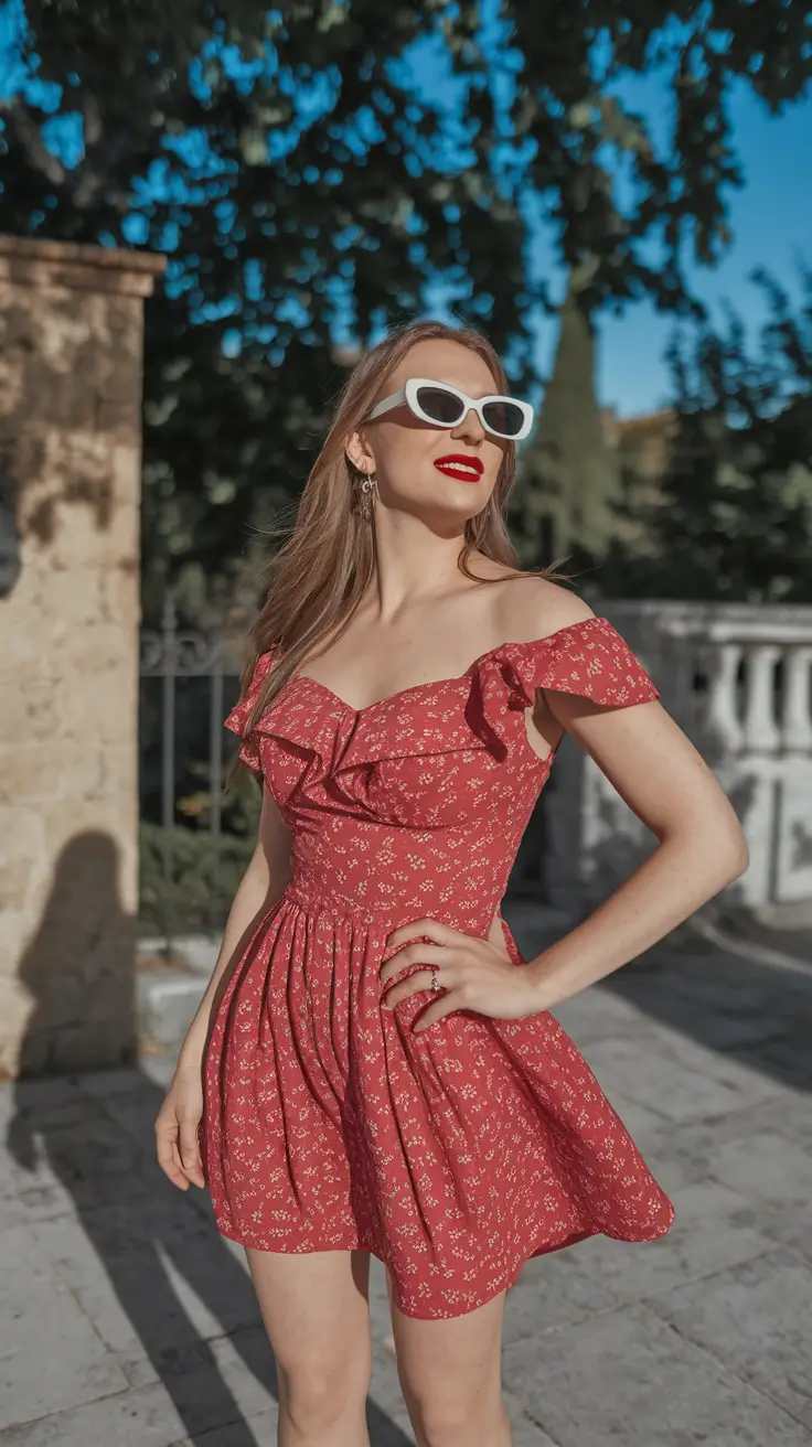 summer short outfits 2025 Retro Red Ruffle Dress