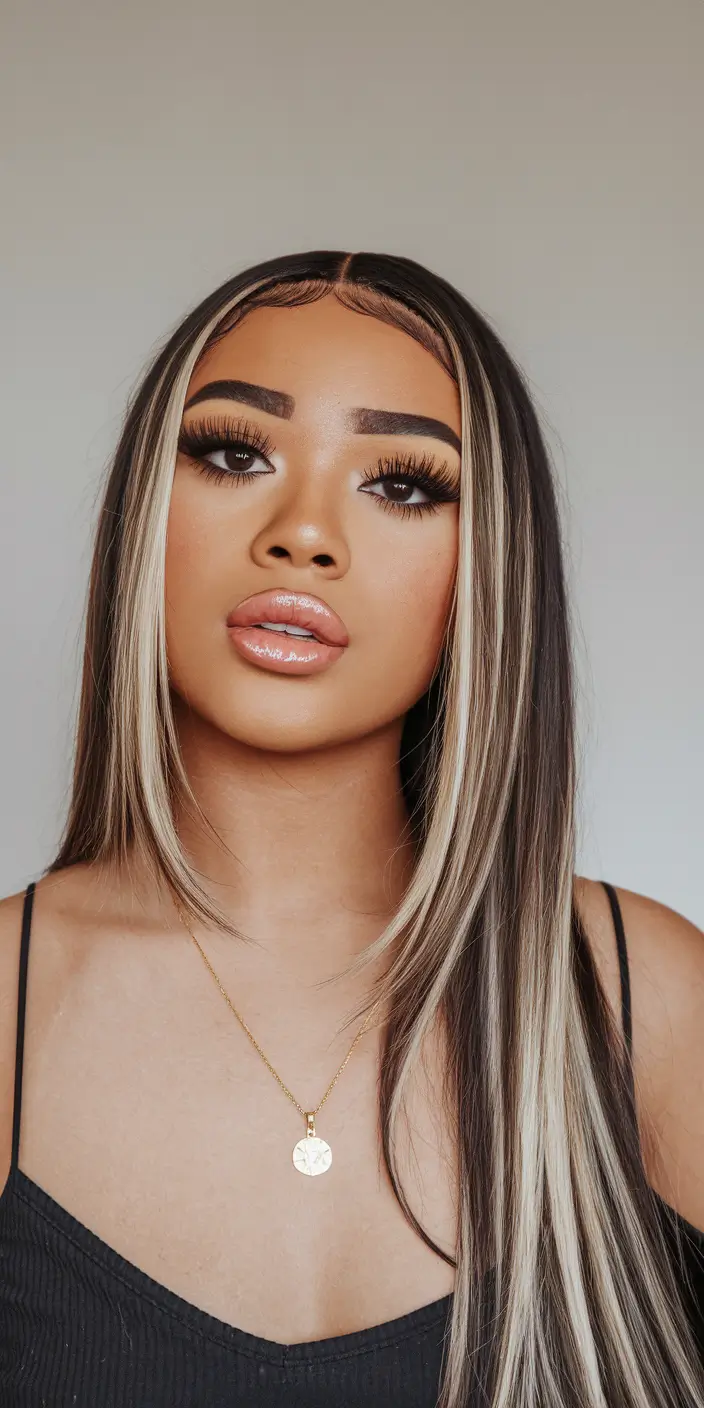 summer highlights for black hair low lights Face-Framing Blonde Money Piece on Dark Hair
