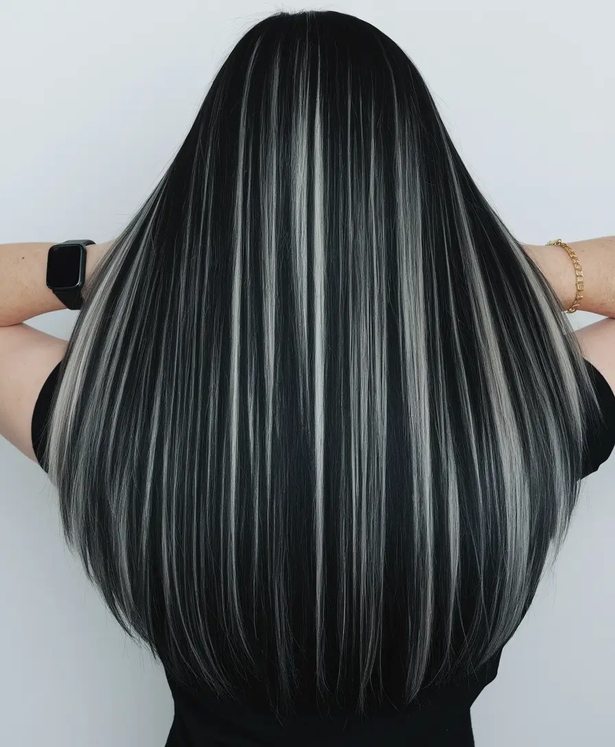 summer highlights for black hair low lights Platinum Ice Stripes on Black Hair