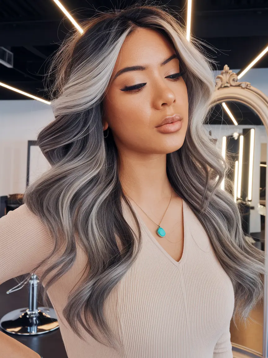 summer 2025 hair highlights Platinum Money Piece with Silver Waves