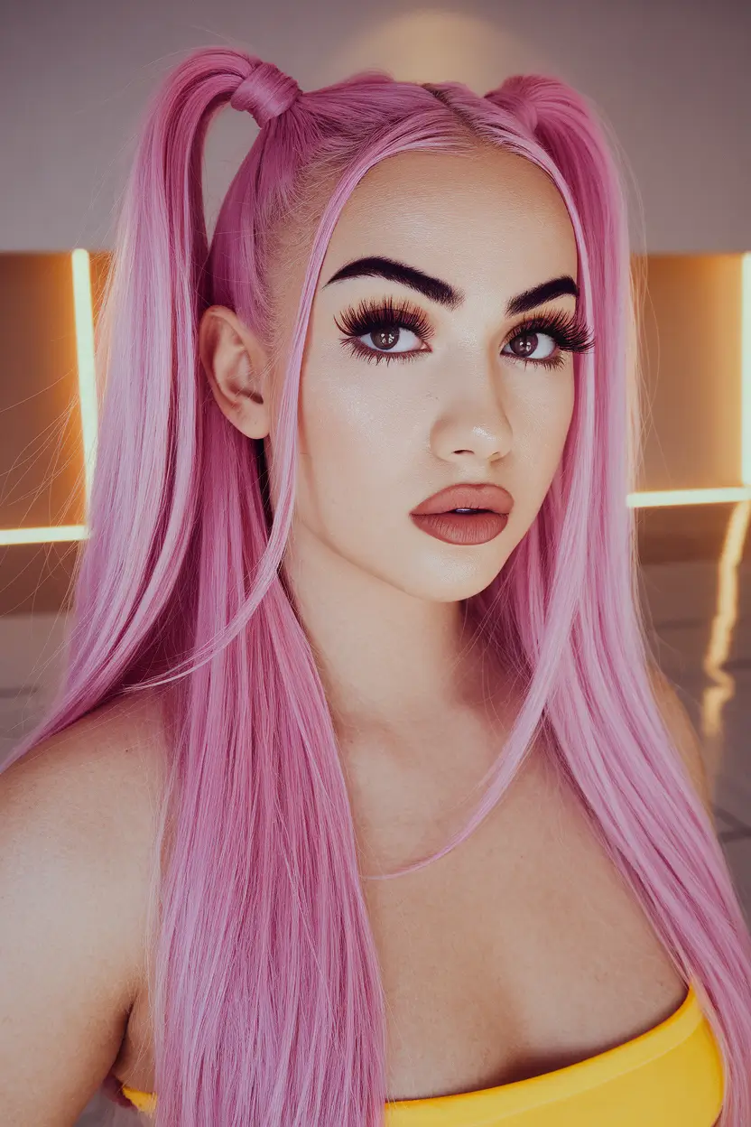 fun summer ponytails Playful Double Ponytails in Cotton Candy Pink