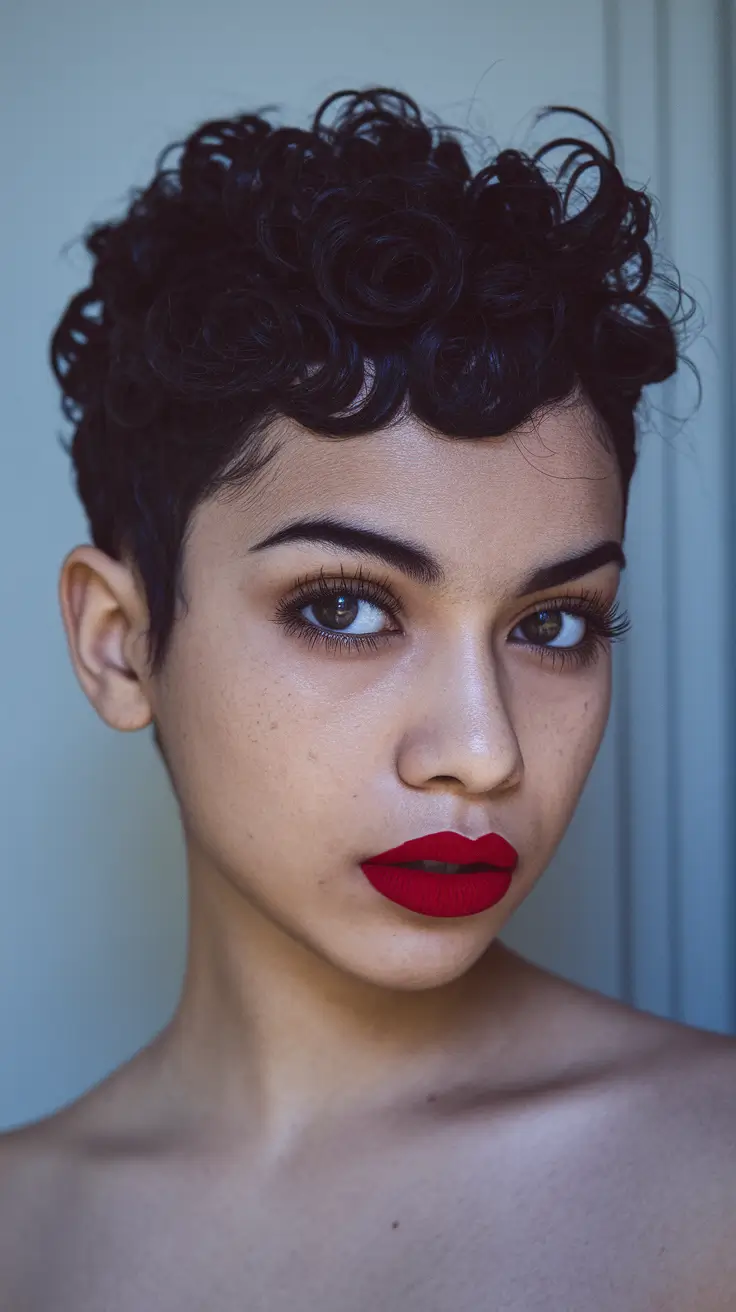 trendy summer short hair Curly Pixie with Retro Vibes