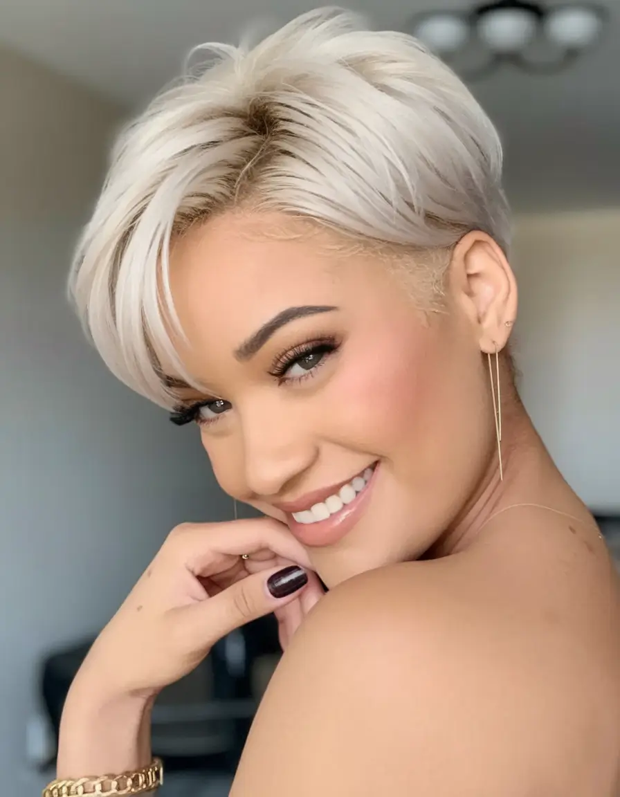 short hair summer Platinum Pixie with Voluminous Layers