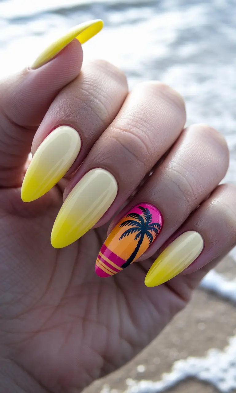 tropical vacation nails ideas 2025+Sunset Ombre with Island Vibes