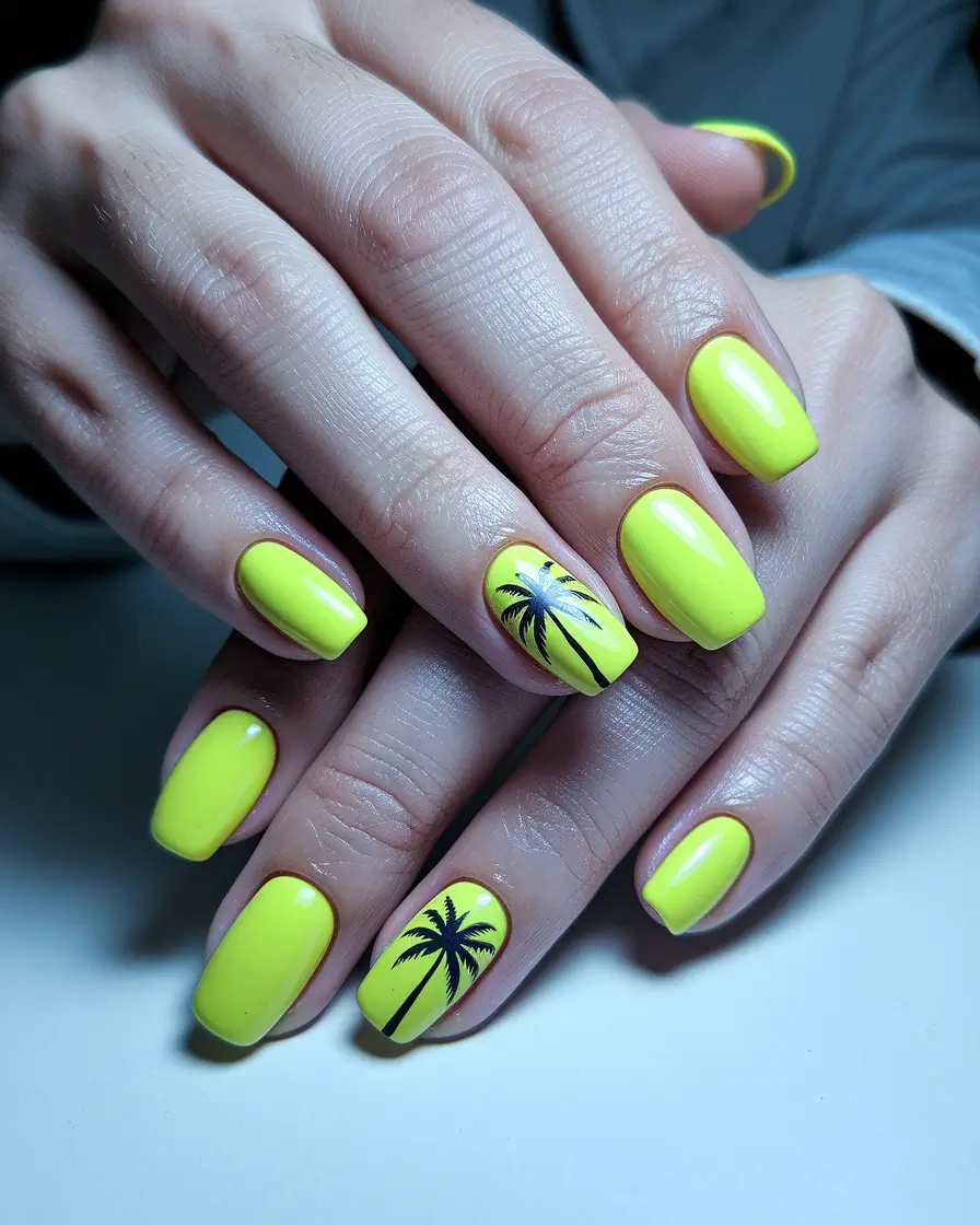 tropical vacation nails ideas 2025+Sunbeam Palms on Neon Yellow
