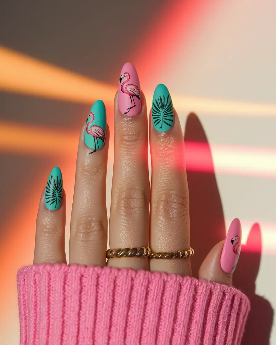 tropical vacation nails ideas 2025+Matte Flamingos & Monstera Leaves