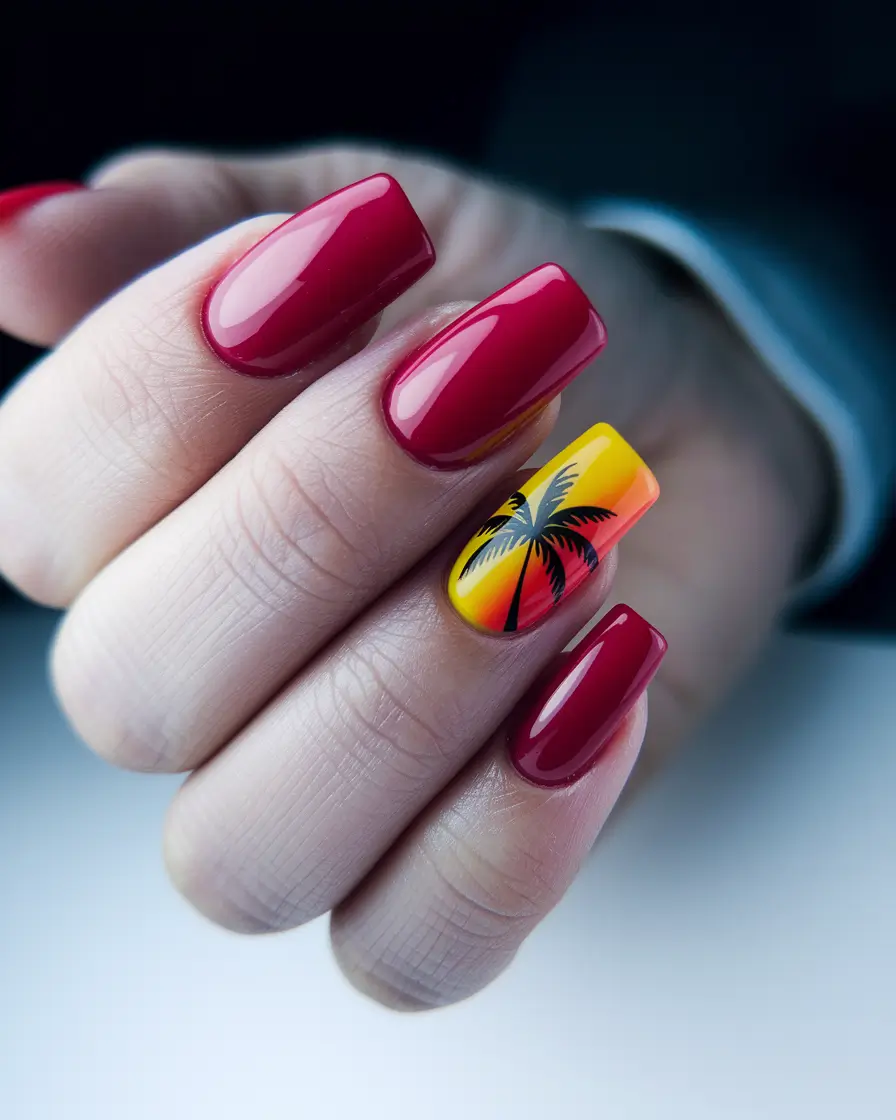 tropical vacation nails ideas 2025+Cherry Red with Sunset Palm