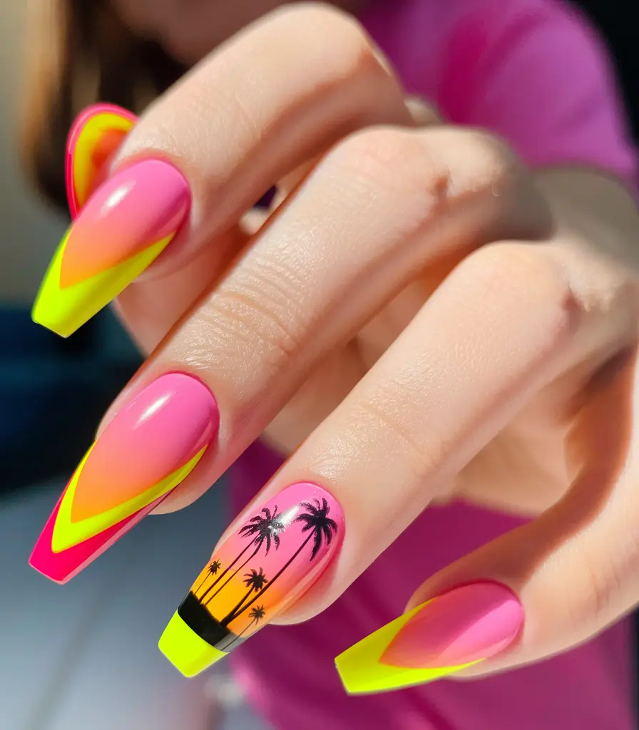 tropical vacation nails ideas 2025+Fluorescent French Sunset