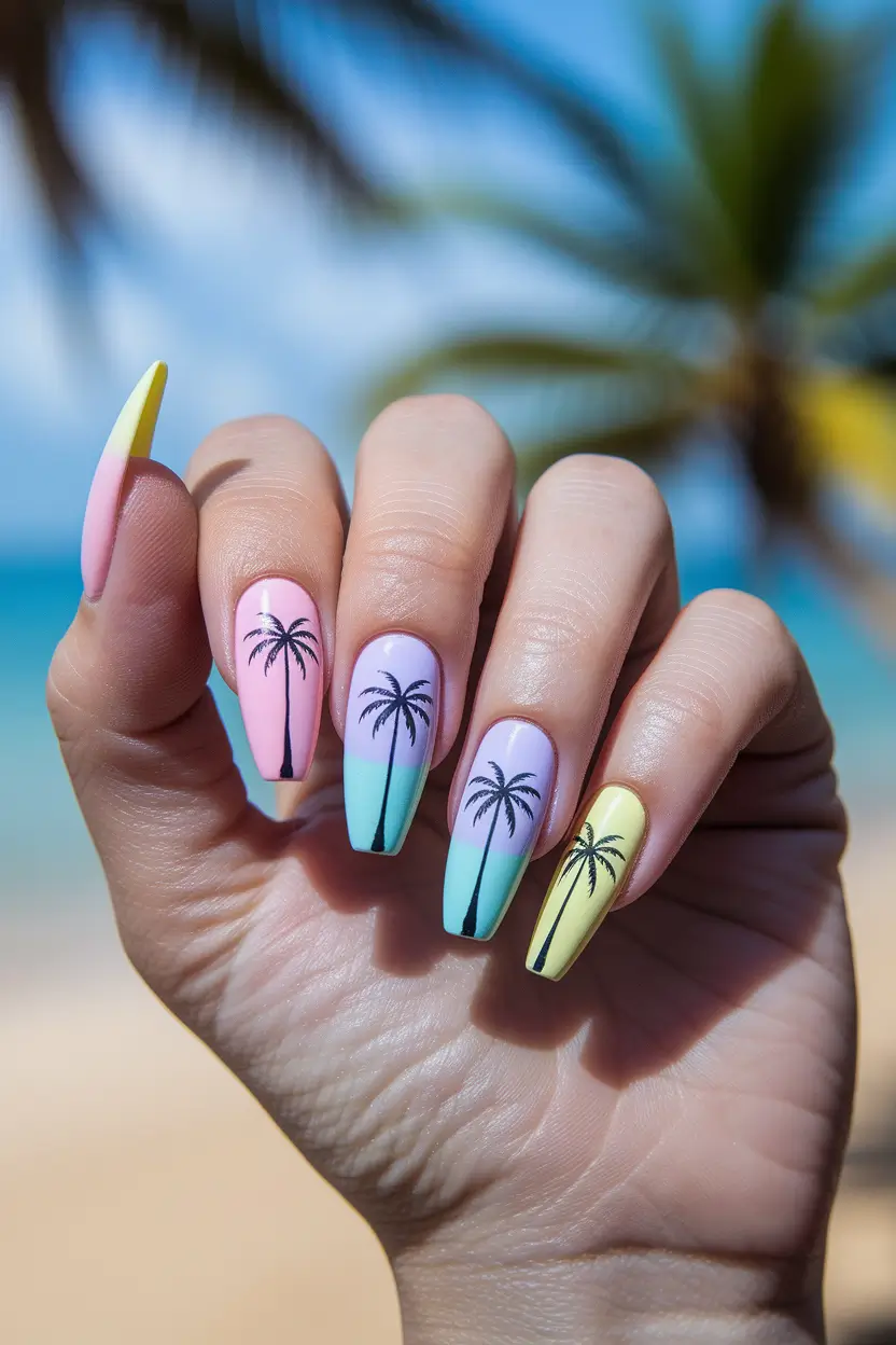 tropical vacation nails ideas 2025+Cotton Candy Palms & Pastel Gradient