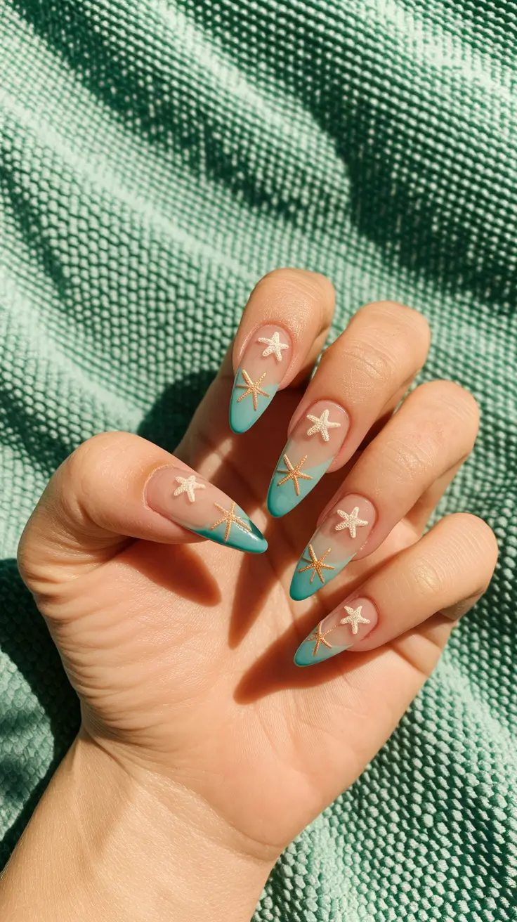 tropical vacation nails ideas 2025+Starfish & Turquoise Waves