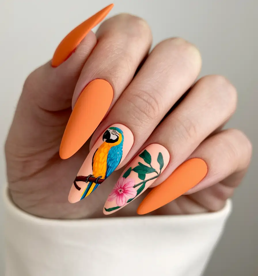 tropical vacation nails ideas 2025+Tropical Macaw & Matte Coral