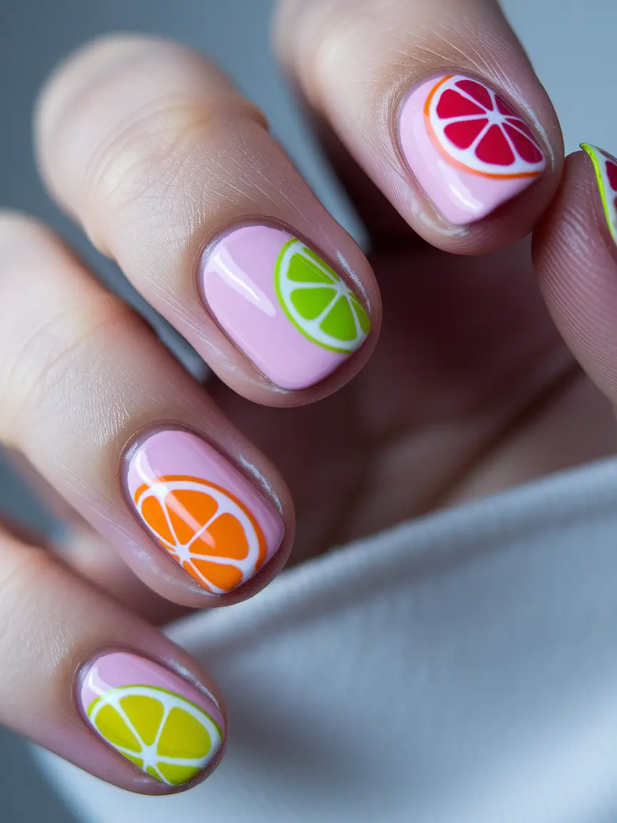 tropical vacation nails ideas 2025+Fruit Slices Over Pastel Pink