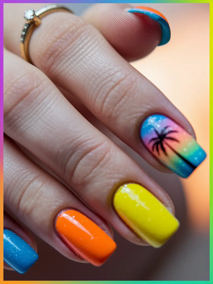tropical vacation nails ideas 2025+Neon Dreams & Sunset Palms