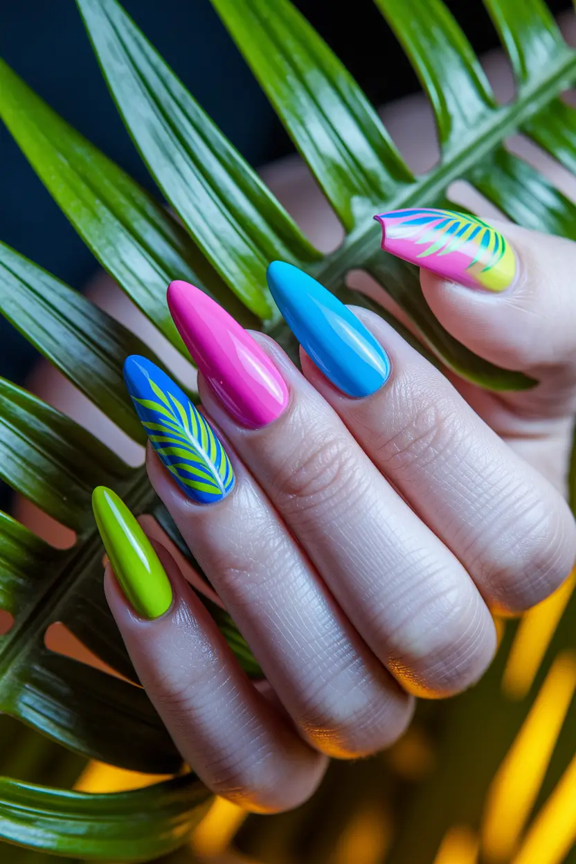 tropical vacation nails ideas 2025+Color Explosion with Tropical Leaf Accents